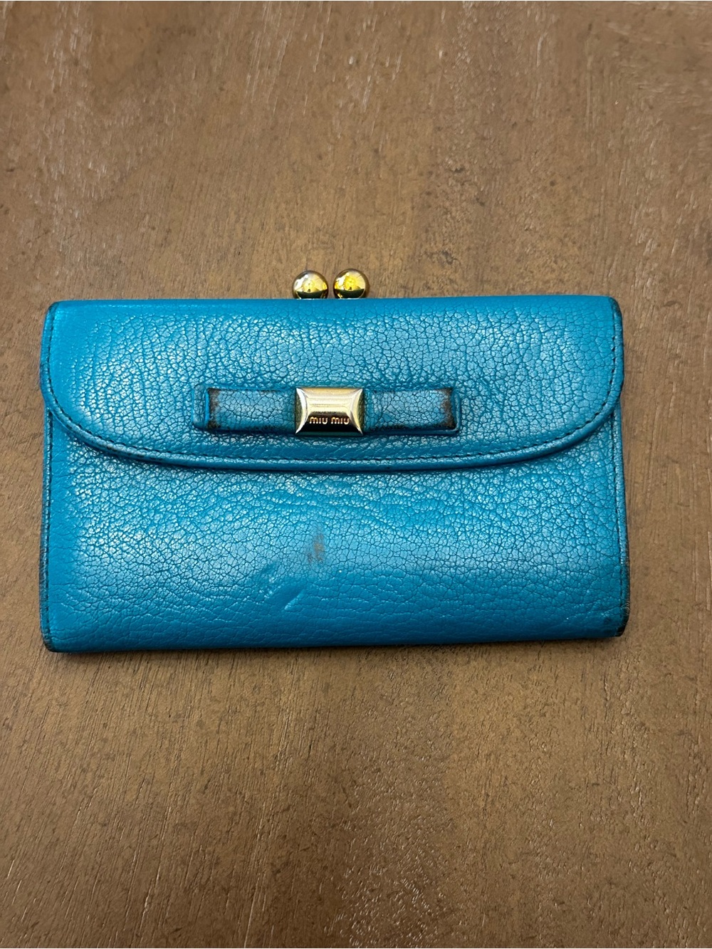 Miu Miu Bright Turquoise Leather Bow-Detail Wallet with Gold Tone Clasp